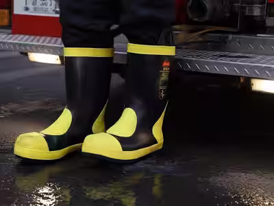 Botas de bombero NFPA junto a unidad en estación — caucho resistente