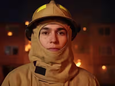 Bombero con capucha Nomex® y casco en operación nocturna