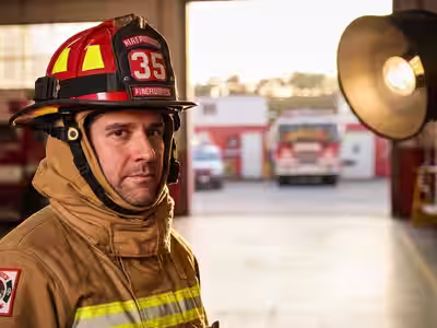 Casco de bombero certificado NFPA — editorial junto a unidad contra incendios