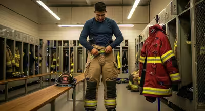 Bombero municipal equipándose con EPP NFPA completo