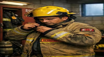 Bombero con SCBA y capucha protectora en estación operativa — configuración base para respuesta HAZMAT Nivel B
