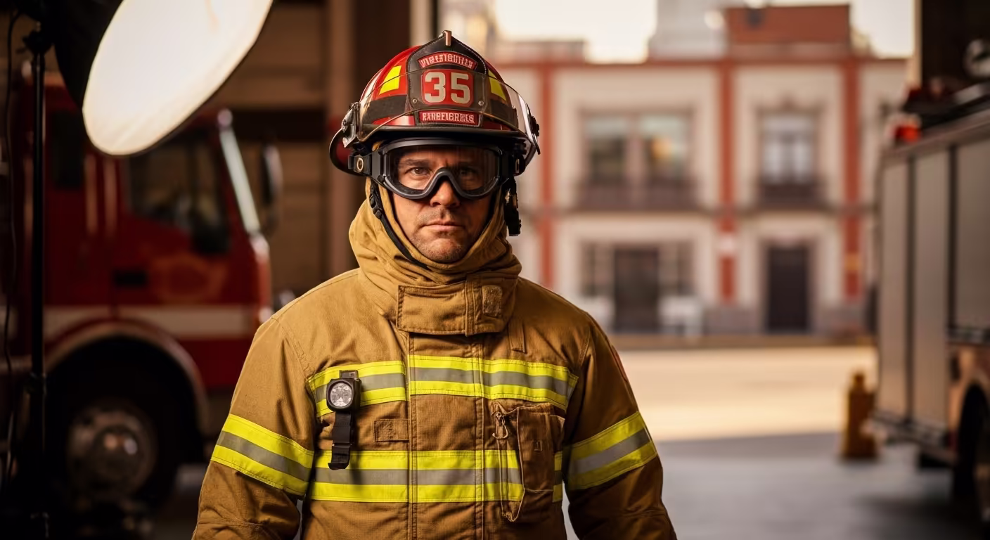 Bombero profesional de Jalisco con casco y equipo NFPA completo