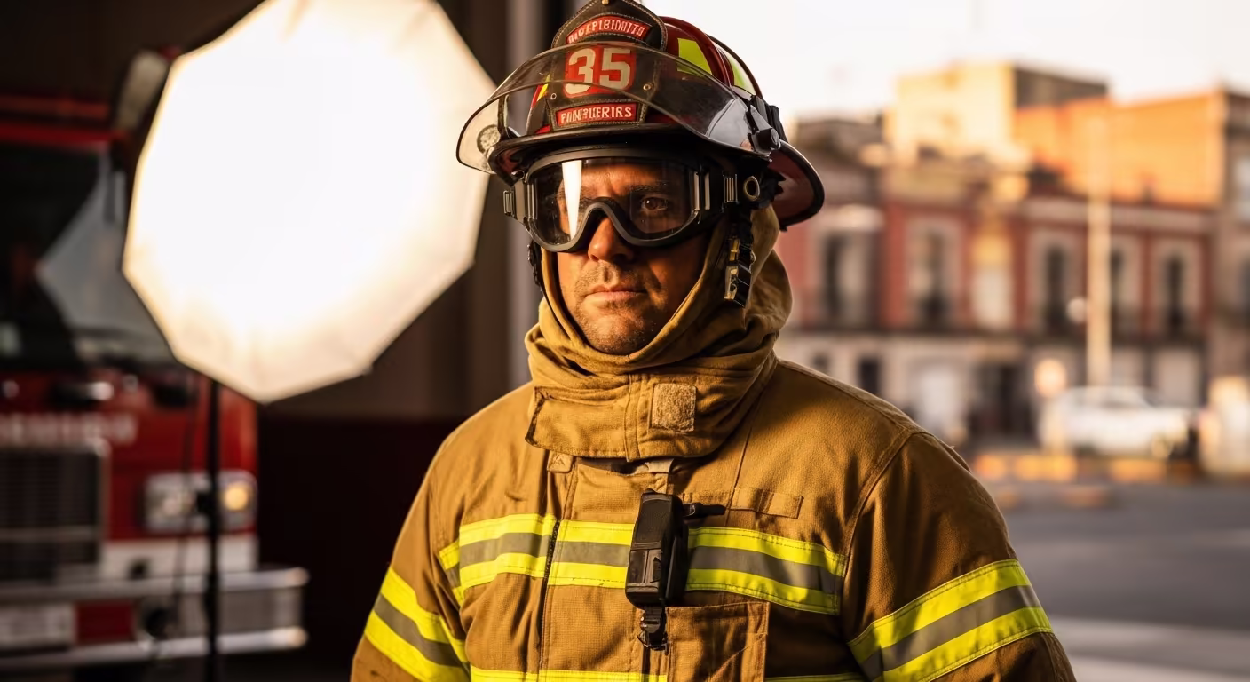 Bombero de Baja California con equipo de protección personal en servicio activo