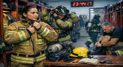 Bomberos en guardia nocturna con equipo SCBA NFPA 1981 completo