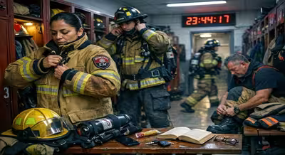 Bomberos en guardia con SCBA NFPA 1981 montado y listo para operación