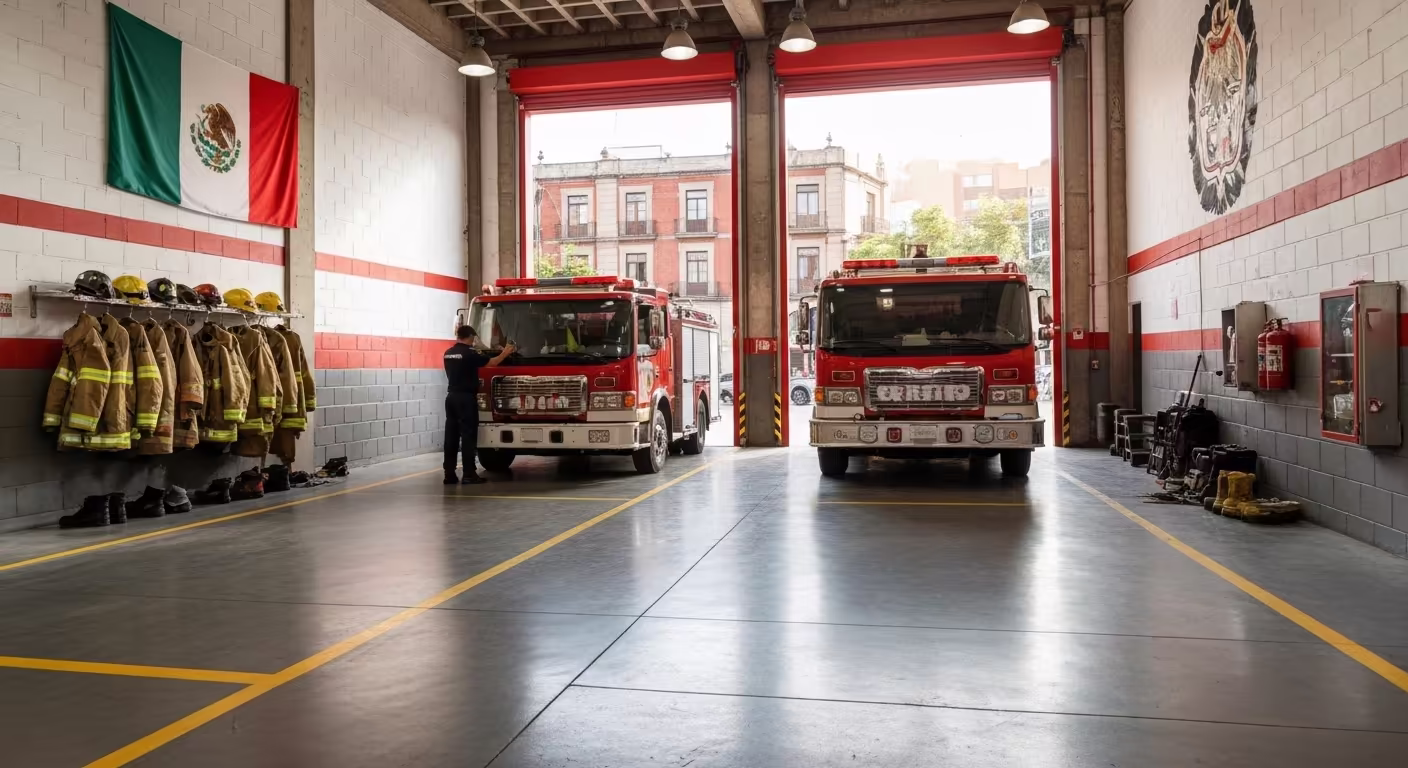 Bahía de camiones de bomberos de Baja California vista frontal estación
