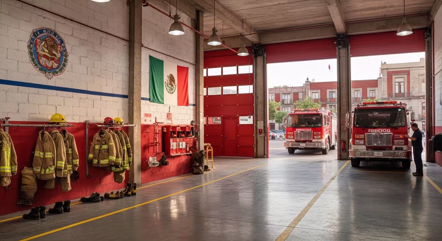 Bahía interior de estación de bomberos de Jalisco con bandera