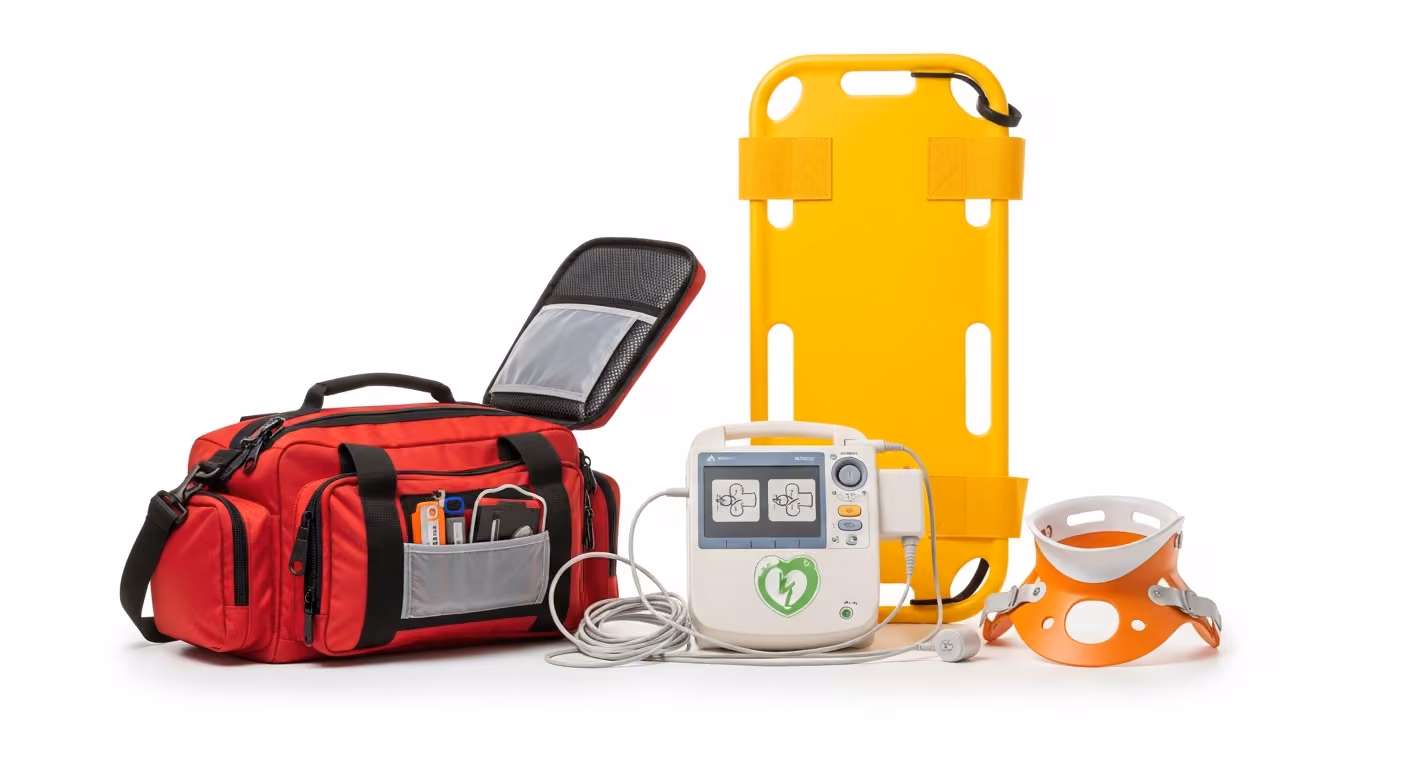Equipo médico EMS para bomberos — camilla, DEA y bolsa de trauma prehospitalaria