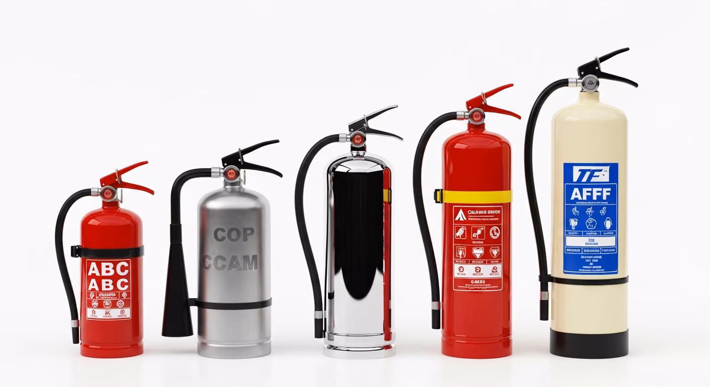 Extintores certificados NOM-100 — PQS, CO₂, AFFF y Halotron para cada clase de fuego