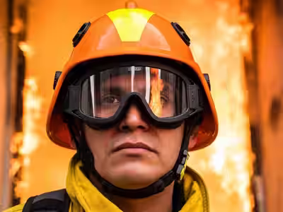 Goggle bombero con reflejo de llamas durante incendio
