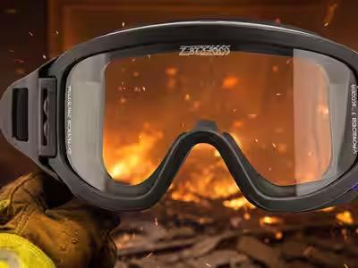 Goggle bombero sostenido con guantes frente a fuego y chispas