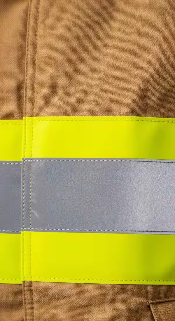 Detalle de bandas reflectantes de alta visibilidad en traje estructural certificado NFPA 1971