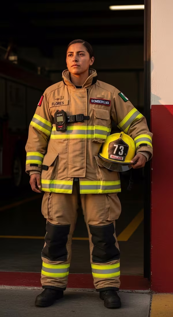 Bombera profesional con traje estructural NFPA 1971 completo en estación de bomberos