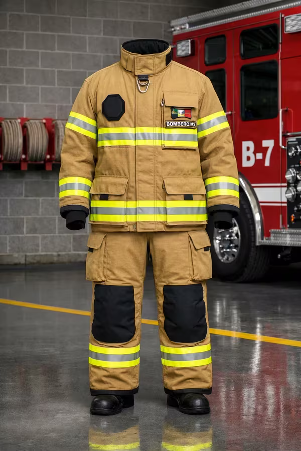 Bunker gear NFPA 1971 — traje estructural de bombero en estación junto a unidad