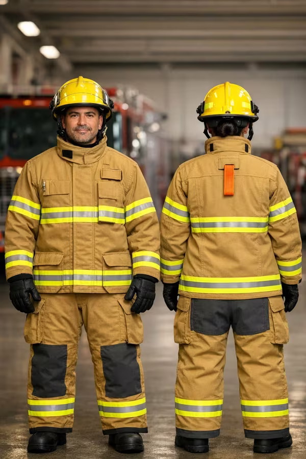 Bunker gear — vista frontal y trasera del traje estructural NFPA 1971