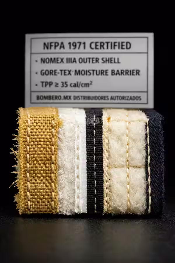 Detalle de tejido Nomex y barrera de humedad de un traje estructural certificado NFPA 1971