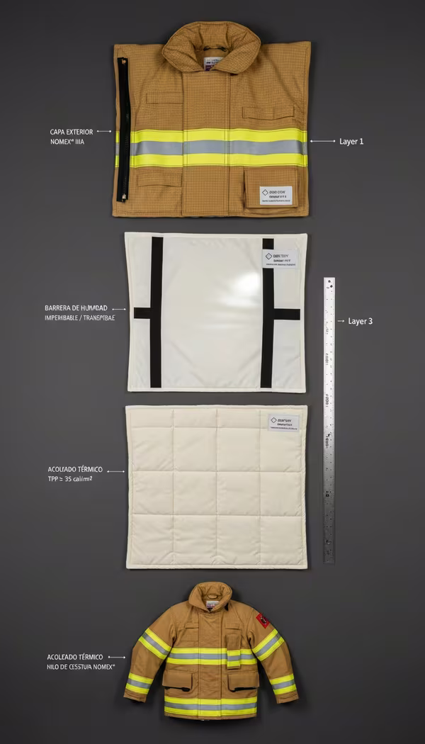 Diagrama del sistema de tres capas del traje estructural para bomberos: capa exterior, membrana y forro térmico