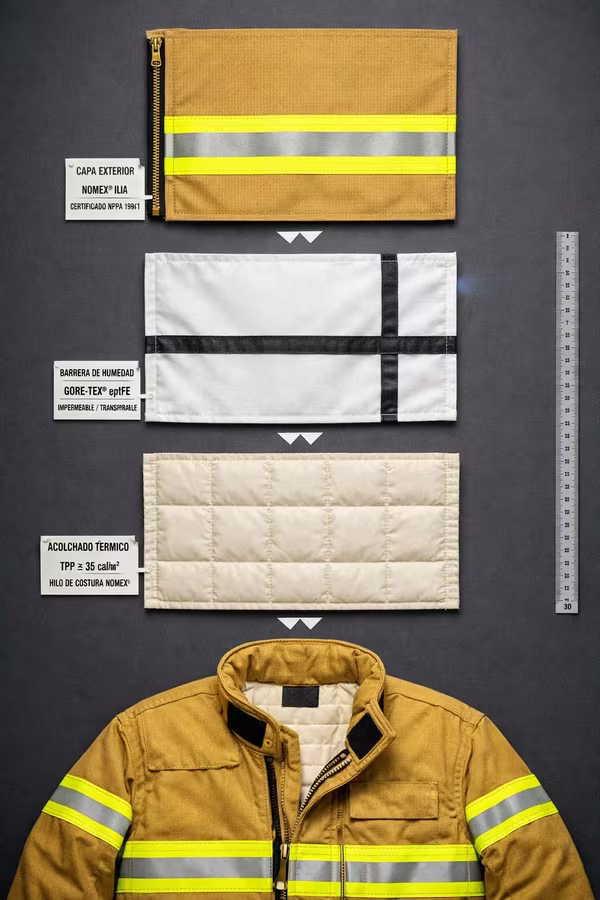 Detalle del sistema de tres capas en sección transversal: capa exterior PBI, membrana Gore-TEX y forro térmico Caldura