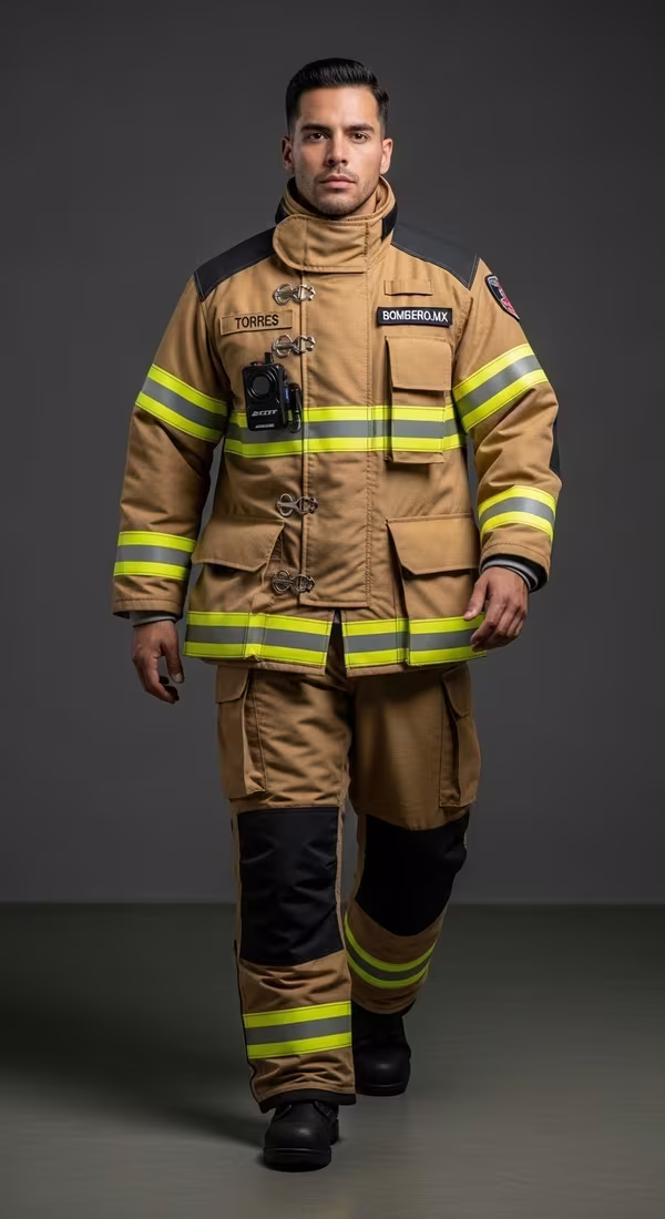 Bombera profesional con equipo completo