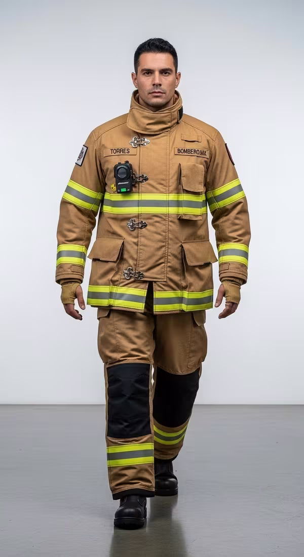 Bombero con traje impermeable Gore-Tex en incendio estructural con agua