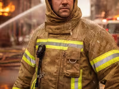 Bombero realizando descontaminación del traje estructural en campo inmediatamente después de intervención